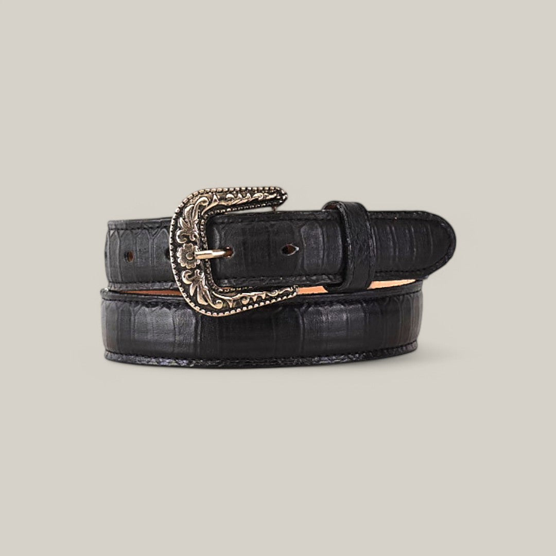 The Python Print Black Belt - Texas Buckle for kids exudes elegance and style with its crocodile-skin embossed texture and ornate gold-toned buckle, beautifully showcased against a light gray background.