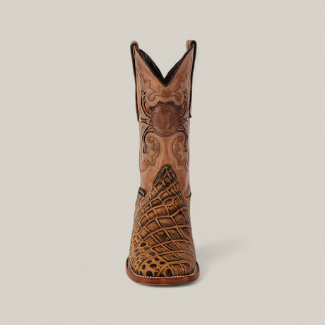 The Jonh - Orix - Square Toe is a single brown premium leather cowboy boot featuring intricate shaft stitching and a textured, scale-like foot pattern, displayed upright against a plain light background.
