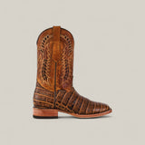 The Ross - Orix - Square Toe boot features a brown leather design with intricate shaft stitching and an alligator-style textured lower, highlighting quality craftsmanship against a plain, light background.