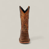 The Ross - Orix - Square Toe is a single brown cowhide boot featuring quality craftsmanship, decorative stitching on the shaft, and a textured alligator-style pattern, shown against a plain light background.