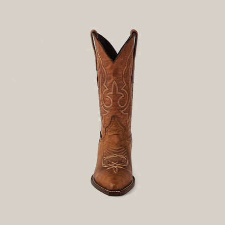The Fresno - Tabaco - Snip Toe boot features decorative stitching and quality craftsmanship, shown from the front against a light background, highlighting its timeless style in rich brown cowhide.