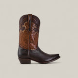 The Rush - Brown - Snip Toe boot features intricate brown and black leather details, decorative stitching, a pointed toe, and a stacked heel, showcased on a light beige background.