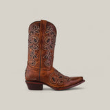 The Gina - Brown - Snip Toe is a premium leather cowboy boot featuring intricate white embroidery and a snip toe, shown in profile against a light beige background.