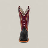 Front view of the Exotic Caiman Horn Back - Black - Square Toe boot, featuring a black textured caiman toe, brown sole, and a tall maroon shaft with multicolored embroidery and white diamond-shaped accents.