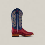 The Exotic Python - Ruby / Blue - Square Toe boot features a red python lower, tan sole and heel, blue upper with multicolored stitching, and a red Texas logo—an eye-catching pick from the Platinum Collection.
