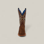 The Exotic Python - Tamarindo - Square Toe cowboy boot is shown upright and facing forward, highlighting its brown color, exotic python-textured lower section, and decorative stitching against a plain light background.