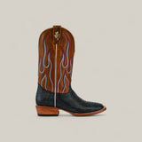 A highlight of the Platinum Collection, the Exotic Python - Dark Blue - Square Toe Boot pairs a brown leather upper with blue and red stitching and a dark blue python lower, finished with a wooden heel for bold western style.