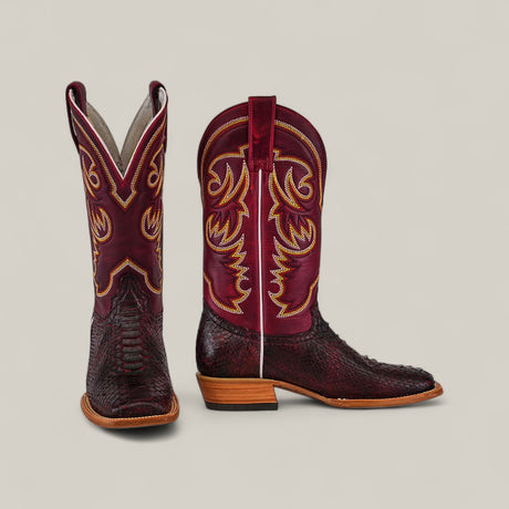 A pair of Exotic Python - Blackcherry - Square Toe cowboy boots with square toes and stylish details, displayed against a plain light background.