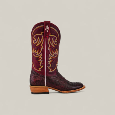 The Exotic Python - Blackcherry - Square Toe boot from the Platinum Collection, shown in side profile, features a dark textured python lower and a tall burgundy leather shaft with gold and yellow stitching on a neutral background.