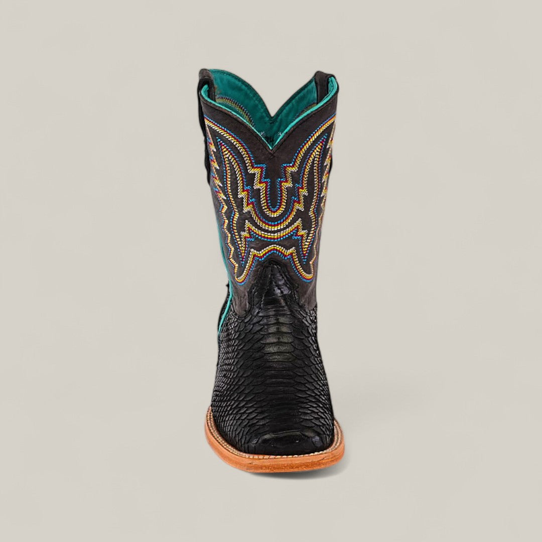 The Exotic Python Black - Square Toe - Kids Boot features a black textured surface, colorful shaft stitching, teal lining, and a light brown sole, shown front-facing against a plain background for a stylish look.