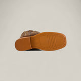 The Premiere Texas Copper - Square Toe Kids Boots are shown on their side, highlighting the treaded rubber sole with rectangular patterns and detailed stitching, embodying true Texas style against a plain beige background.