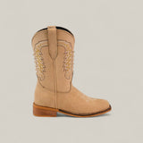 The Orion Suede Bone - Square Toe - Kids Boots feature tan suede, decorative stitching, light brown accents, a short stacked heel, pull straps on each side, and a square toe silhouette, shown on a neutral background.