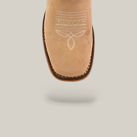 The Orion Suede Bone - Square Toe - Kids Boots feature a tan suede finish with white decorative toe stitching, shown from above on a light grey background with a soft shadow.