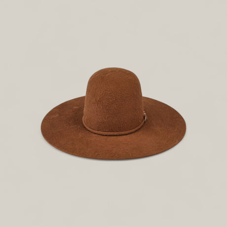 The 10X Grizzly - Tacchino is a wide-brimmed brown felt hat with a rounded crown and slim matching band, displayed on a light beige background—ideal for anyone seeking luxury or stylish open crown felt hats.