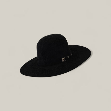 The 25X Grizzly - Black - TC Hats is a wide-brimmed black felt hat with an open, rounded crown and a decorative band with two small metal buckles, shown against a plain light beige background.