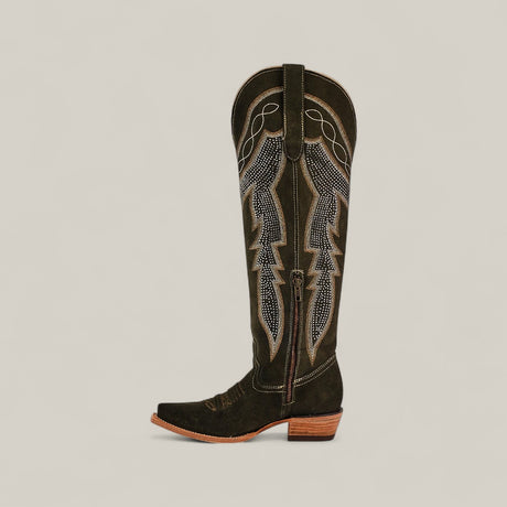 The Della Olive Green - Tall Shaft - Snip Toe cowboy boot features light stitching, decorative patterns, and a low wooden heel, shown in profile against a plain beige background.