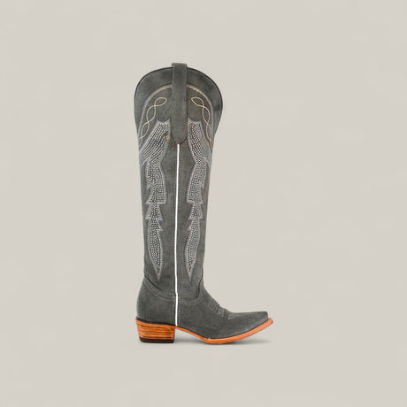 The Celine Gray - Tall Shaft - Snip Toe boot is shown with decorative white stitching, a brown stacked heel, and pull strap—ideal for those seeking stylish gray womens tall boots.