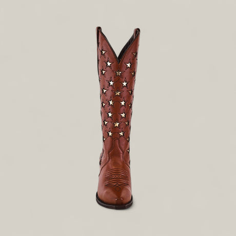 The Marjorie Star Brown - Tall Shaft - Snip Toe boot features a brown leather upper with star-shaped cutouts on the tall shaft, displayed upright and facing forward against a plain light background.