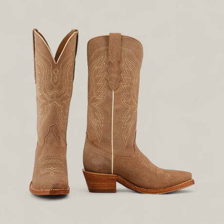 Two Miranda Suede Khaki boots with snip toes, leather soles, and mid shafts are displayed—one facing forward, the other showing a side view—against a plain light background.