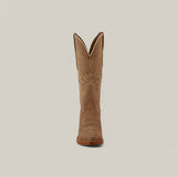 The Miranda Suede Khaki Leather Sole Mid Shaft Snip Toe boot is displayed upright and forward-facing, highlighting its brown suede finish and light decorative stitching against a plain light background.