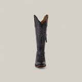 The Kellie Clayton Black Leather Sole Tall Shaft Snip Toe boot is shown upright and facing forward against a plain light background, highlighting its detailed stitching.