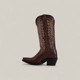 The Miranda Clayton Brownie Leather Sole boot features a mid shaft, snip toe, tan decorative stitching, and a chunky angled heel, shown in profile against a plain light background.