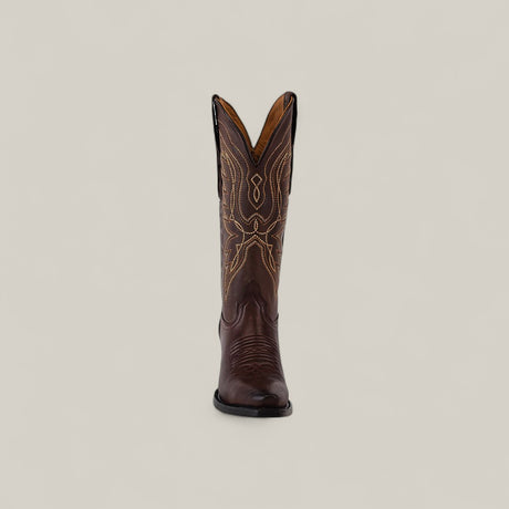 Front view of the Miranda Clayton Brownie boot with beige stitching on the mid shaft, a snip toe, and a classic leather sole, set against a plain light background.
