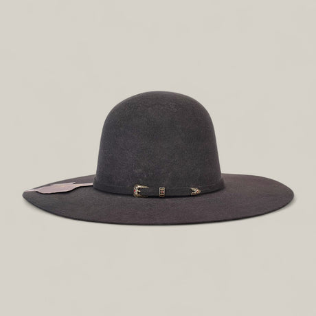 The 4X Gray - TC Hats is a wide-brimmed, dark gray Open Crown Texana felt hat with a rounded crown, featuring a thin decorative black band and small buckle, shown against a plain light background.