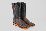 The Exotic Caiman Horn Back - Roma - Square Toe features textured brown caiman leather on the foot, black leather uppers with decorative stitching, and a light-colored sole, shown on a plain light gray background.