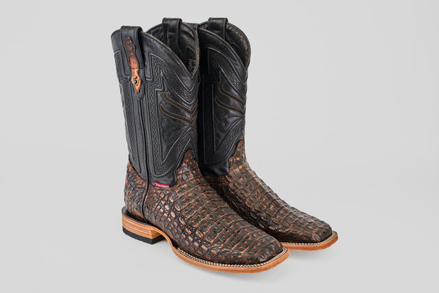 The Exotic Caiman Horn Back - Roma - Square Toe features textured brown caiman leather on the foot, black leather uppers with decorative stitching, and a light-colored sole, shown on a plain light gray background.