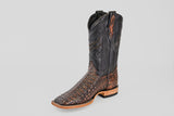 The Exotic Caiman Horn Back - Roma - Square Toe boot features a brown textured caiman leather foot and a tall black intricately stitched shaft, displayed against a plain light gray background.
