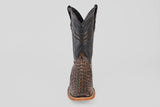 The Exotic Caiman Horn Back - Roma - Square Toe boot features a textured brown caiman-like lower and a black stitched upper shaft, displayed front-facing against a plain light background.