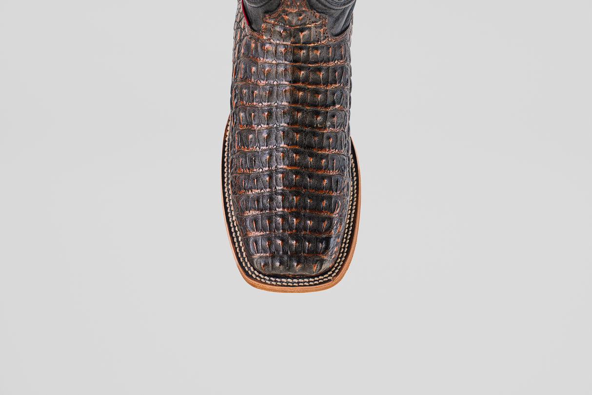 Close-up top view of the Exotic Caiman Horn Back - Roma boot, featuring brown textured caiman leather, a square toe, and detailed edge stitching, set against a plain white background.