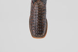 Close-up top view of the Exotic Caiman Horn Back - Roma boot, featuring brown textured caiman leather, a square toe, and detailed edge stitching, set against a plain white background.