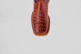 Close-up, top-down view of the Exotic Caiman Belly - Brandy - Square Toe boot, showing its brown, square toe with a textured reptile-patterned leather and white stitching along the edge.