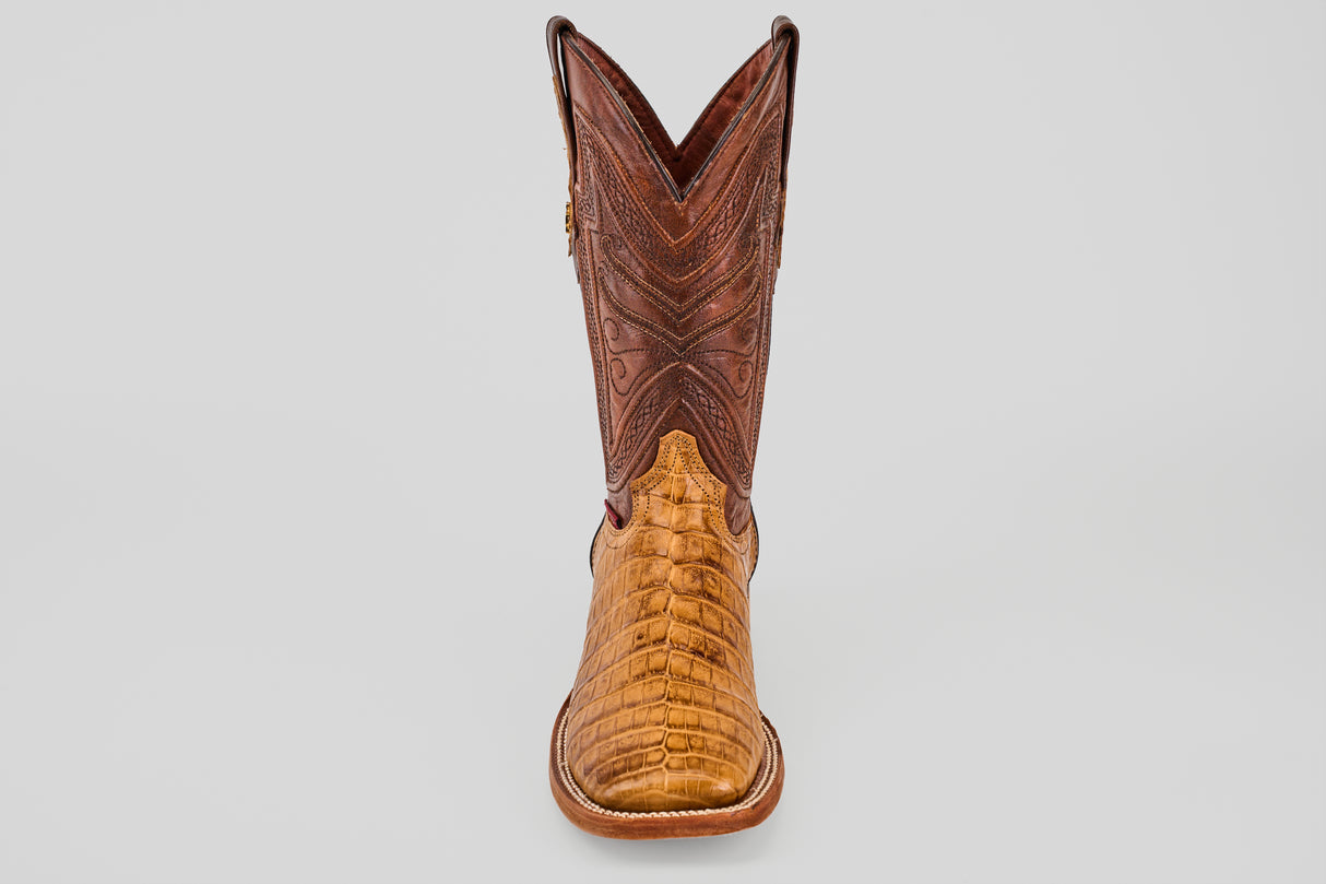 Front view of the Exotic Caiman Belly - Camel - Square Toe boot, featuring a light brown caiman leather lower and a darker brown, stitched upper shaft, displayed against a plain gray background.