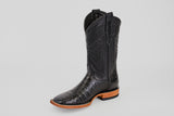 The Exotic Caiman Belly - Black- Square Toe boot features a single black caiman leather upper with an alligator-like texture, decorative shaft stitching, and a light brown leather sole, shown on a plain light gray background.