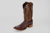 The Exotic Caiman Hornback - Brown - Rodeo Toe is a single cowboy boot made from genuine caiman leather with a textured pattern, square (rodeo) toe, and wooden heel, shown on a light gray background.