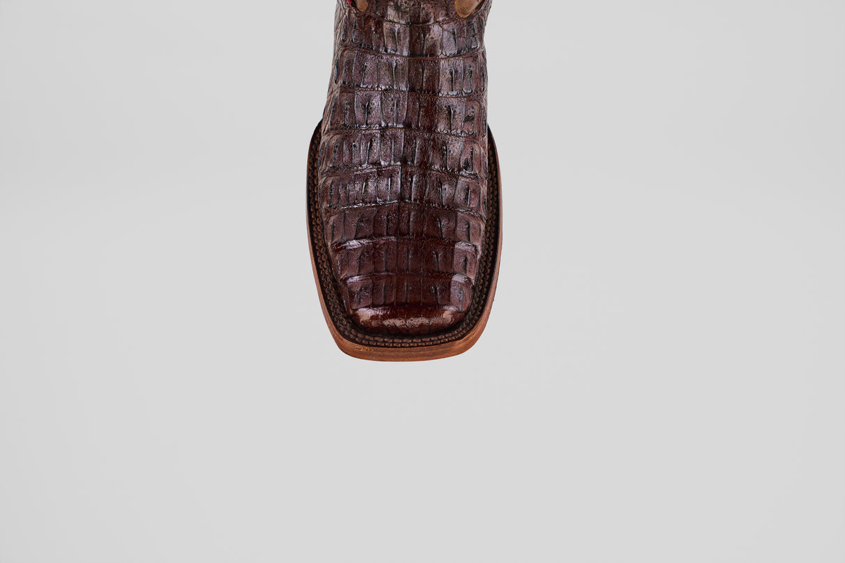 A close-up, top-down view showcases the unique texture of the Exotic Caiman Hornback - Brown - Rodeo Toe boots square toe in genuine caiman leather against a plain light gray background.