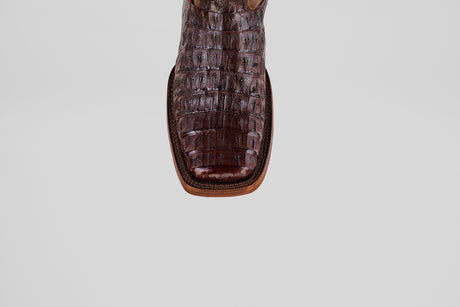 A close-up, top-down view showcases the unique texture of the Exotic Caiman Hornback - Brown - Rodeo Toe boots square toe in genuine caiman leather against a plain light gray background.
