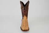 The Exotic Caiman Hornback - Antique - Rodeo Toe boot features a woven light tan lower, dark brown leather upper, and antique rodeo toe, displayed upright and facing forward on a plain light gray background.