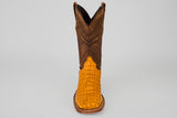 The Exotic Caiman Horn Back - Buttercup-Square Toe is shown from the front, featuring a textured bright yellow caiman leather foot and a brown, intricately stitched shaft against a plain gray background.