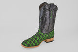 The Conor - Swamp Green - Square Toe boot features a black leather upper, vibrant green scale-patterned lower reminiscent of Pirarucu Fish Boots, wooden sole, and low heel, shown against a plain white background.
