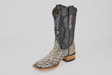 The Exotic Full Quilt Ostrich - Nicotine - Square Toe mens boot features a textured light gray ostrich lower, black stitched upper shaft, wooden heel, and square toe, shown individually on a plain white background.