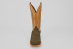 The Prime Suede Green Olive - Square Toe men’s boot features a green olive suede foot, tan leather shaft with decorative stitching, and a square toe, displayed facing forward on a plain light background.