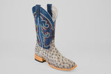 The Russell - Rustic Gray - Square Toe boot features textured light gray ostrich leather, a tall blue shaft with colorful embroidery, and a wooden sole for classic Western style.
