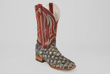 The Robinson - Newspaper - Square Toe is a limited edition cowboy boot with a brown leather upper, colorful stitching, and a grayish-black scale-patterned Purarucu leather lower on a wooden heel, evoking exotic animal skin.