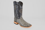 The Exotic Full Quilt Ostrich - Gray - Square Toe features dark decorative stitching, a star design on the shaft, a gray ostrich leather upper, square toe, and a light stacked heel and sole shown against a plain light background.