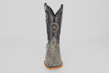 The Exotic Full Quilt Ostrich - Gray - Square Toe cowboy boot features a textured gray full quilt ostrich pattern, tan sole, black stitching, and a circular star emblem on the shaft, displayed against a plain white background.
