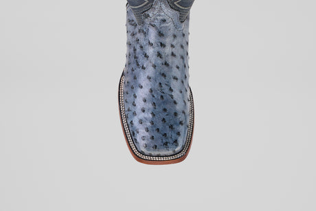 A close-up top view of the Exotic Full Quilt Ostrich boots in Safari Gray with a square toe and detailed stitching, displayed on a plain white background.